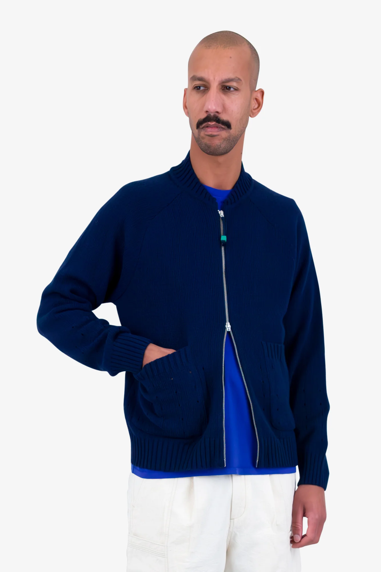 Pointelle Knit Bomber - Navy Melange - Image 7