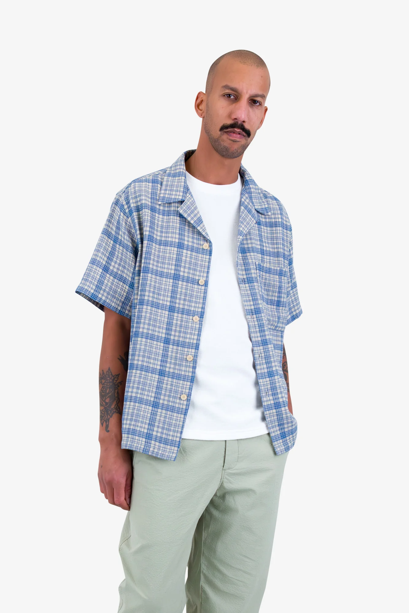 Relaxed Soft Collar Shirt - Stone Blue Open Weave Check - Image 6