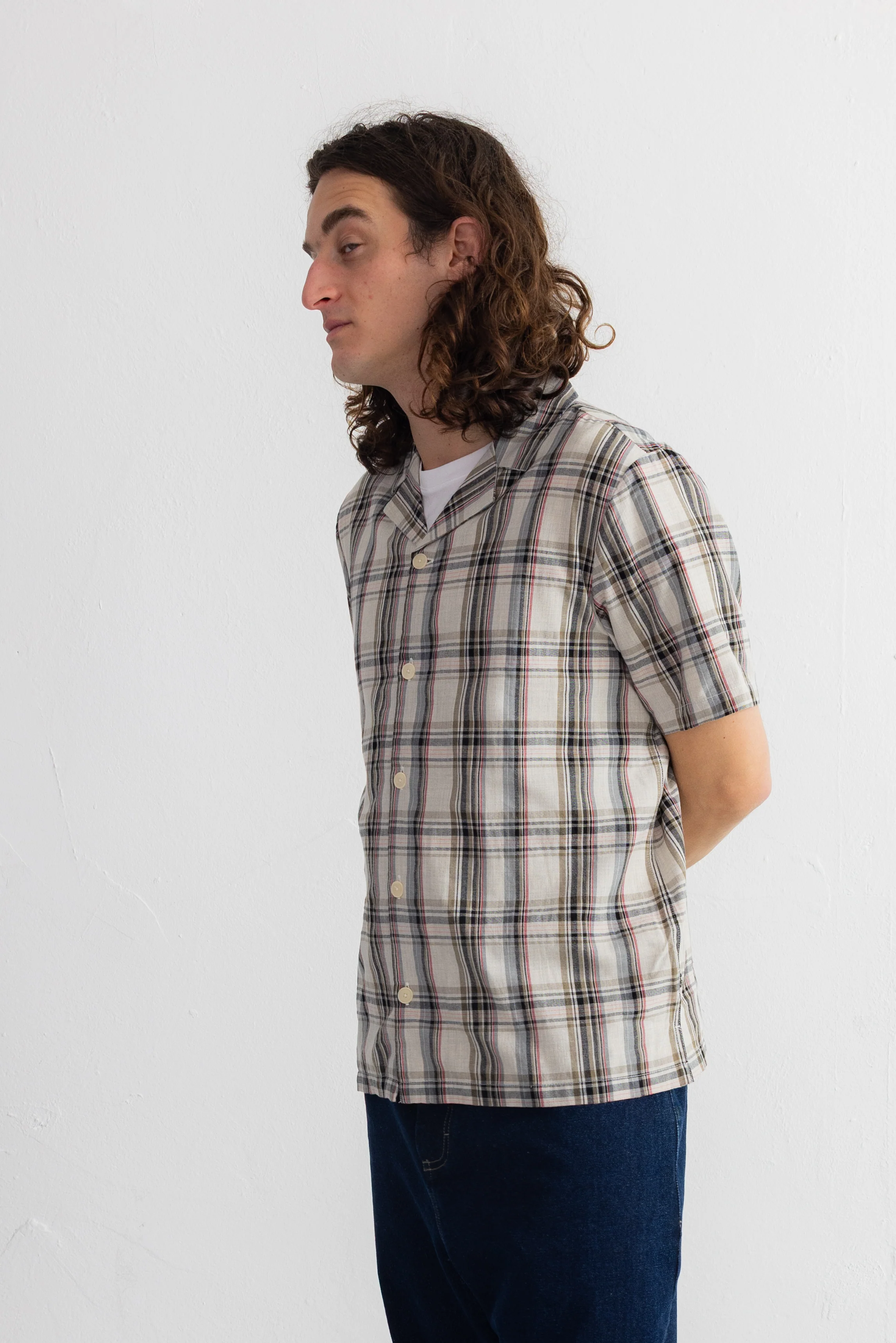 Short Sleeve Soft Collar Shirt - Natural Black Check - Image 6