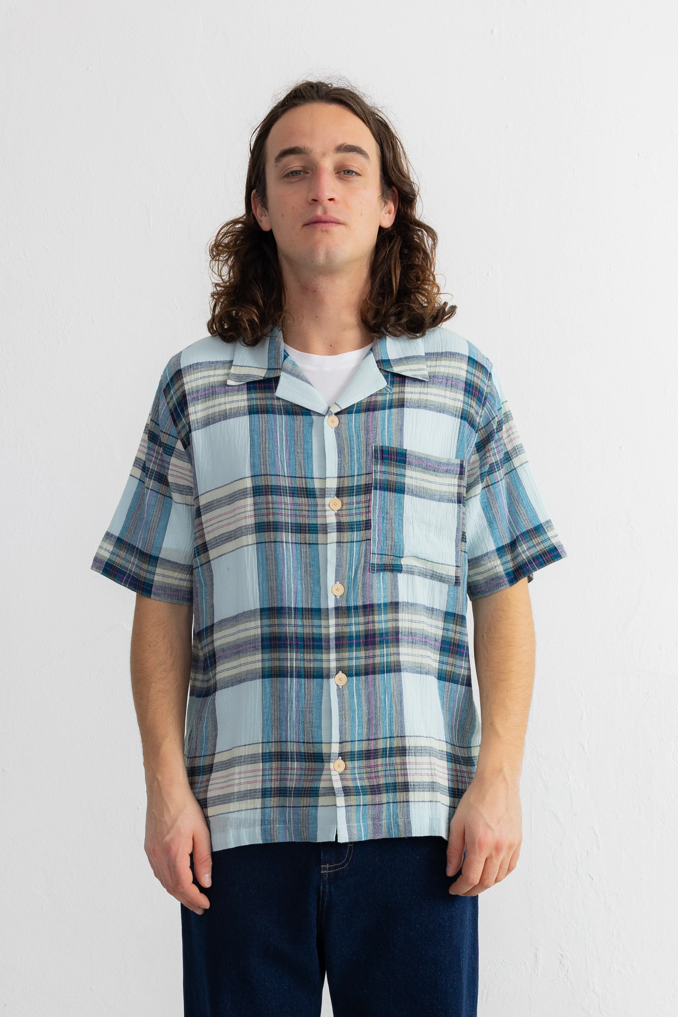 Short Sleeve Soft Collar Shirt - Ocean Blue Check