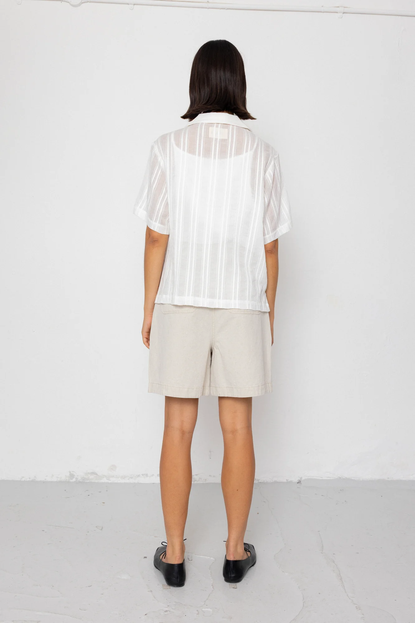 Short Sleeve Soft Collar Shirt - Off White Dobby Stripe - Image 5
