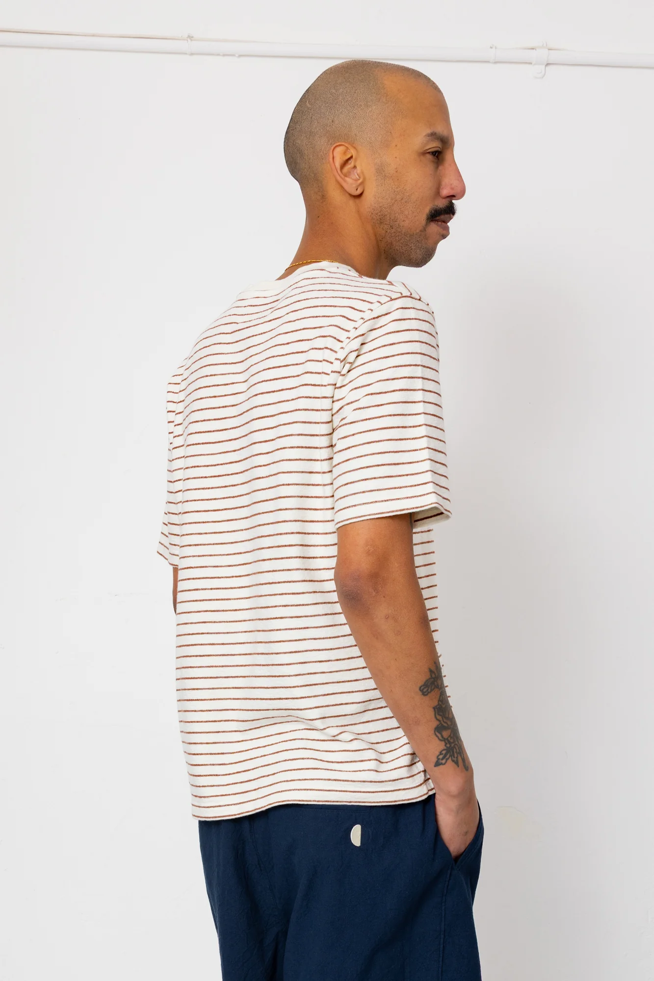 Short Sleeve Textured Striped T-Shirt - Ecru / Burnt Red - Image 7