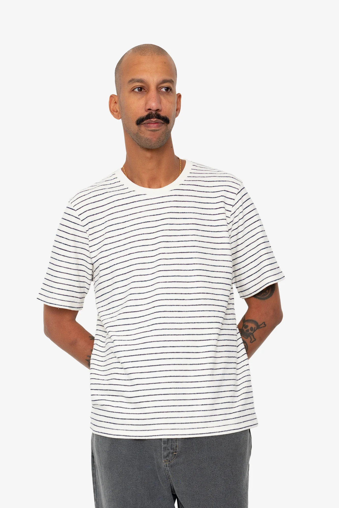 Short Sleeve Textured Striped T-Shirt - Ecru Navy - Image 6
