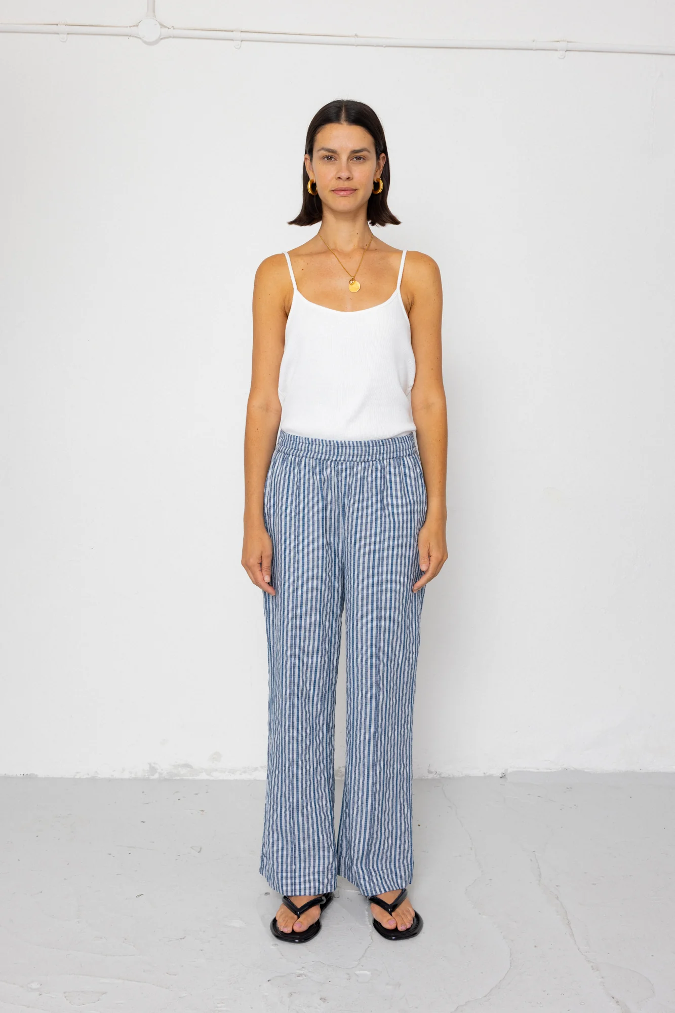 Wide Fit Trousers - Indigo Crinkle Mini Check - Image 3