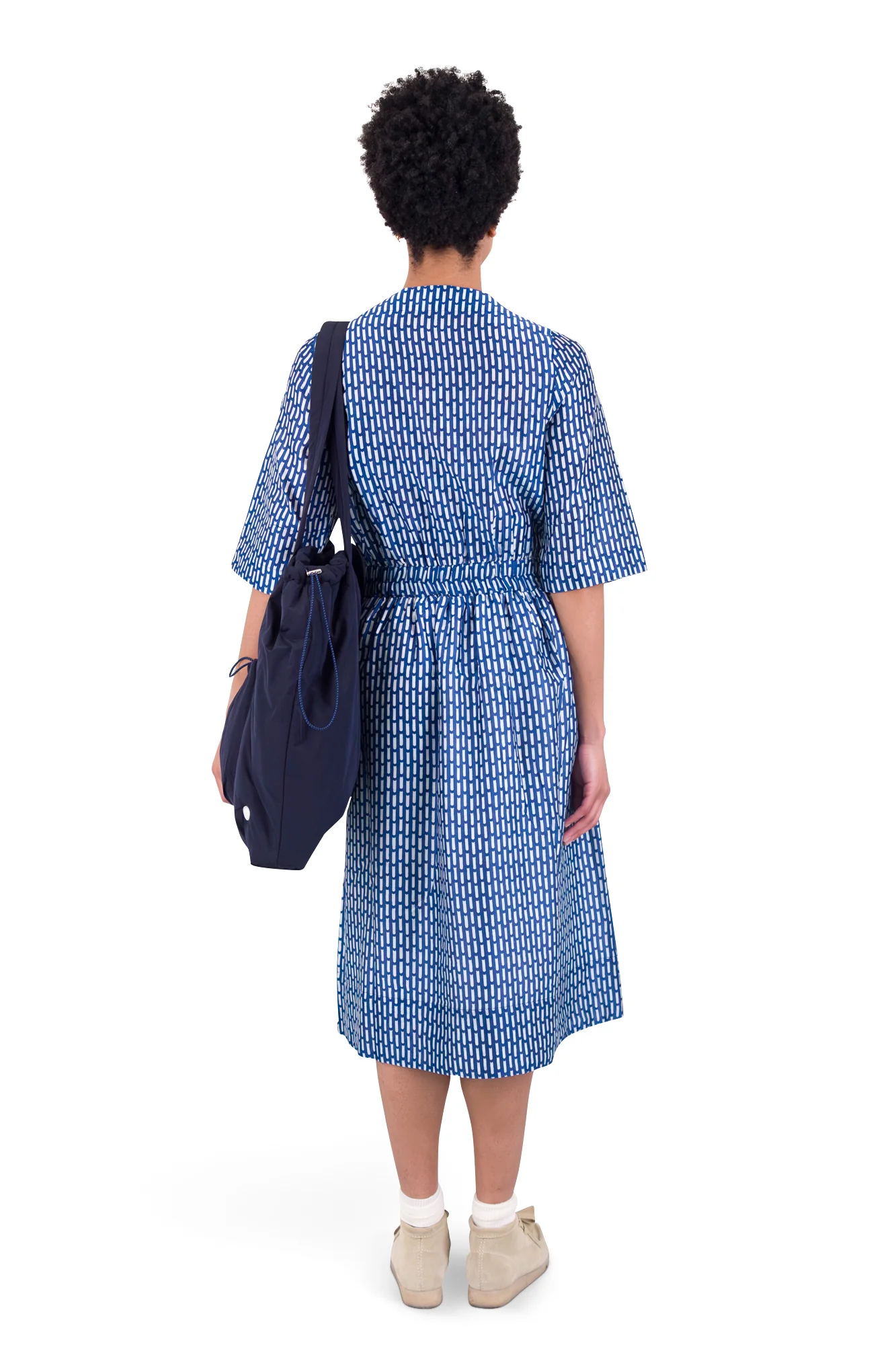 Gathered Dress - Cobalt Ecru Dash Print - Image 10