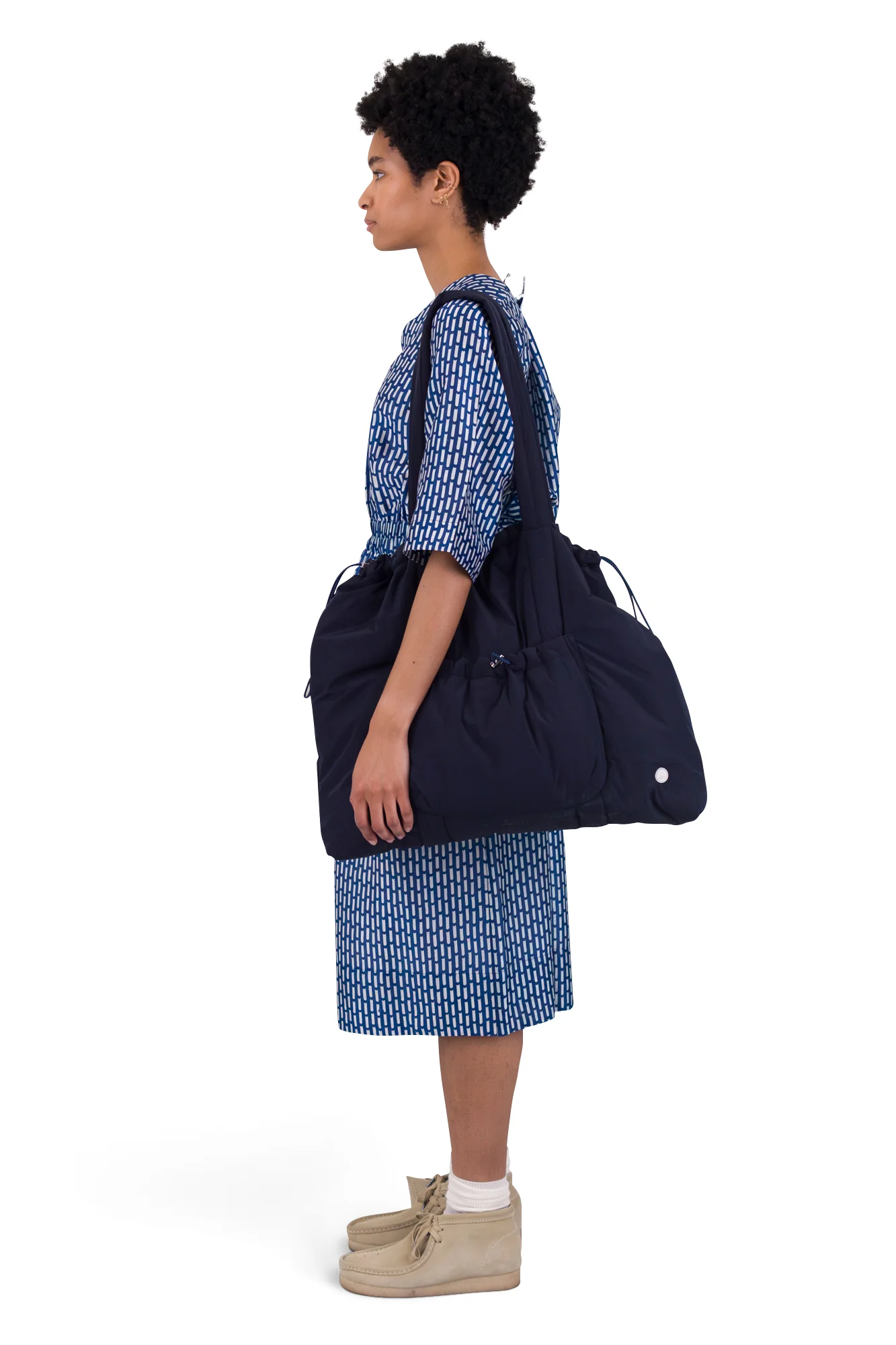 Gathered Dress - Cobalt Ecru Dash Print - Image 4