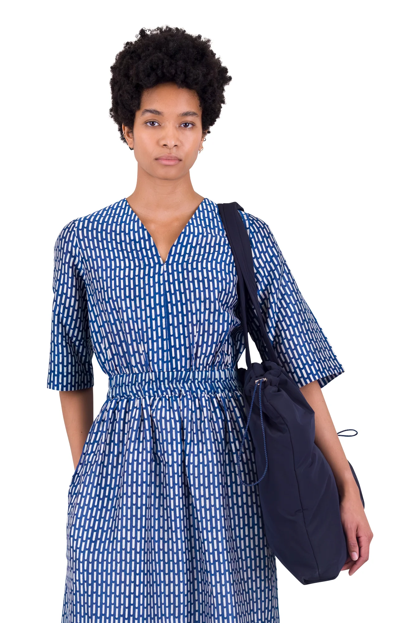 Gathered Dress - Cobalt Ecru Dash Print - Image 8