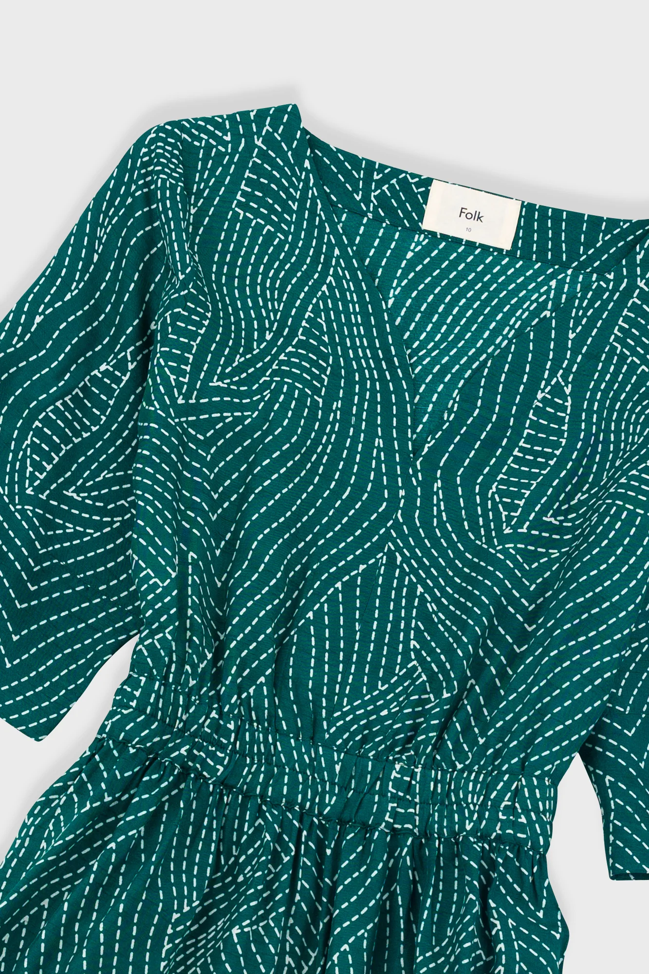 Gathered Dress - Vintage Green Stitch Print - Image 5