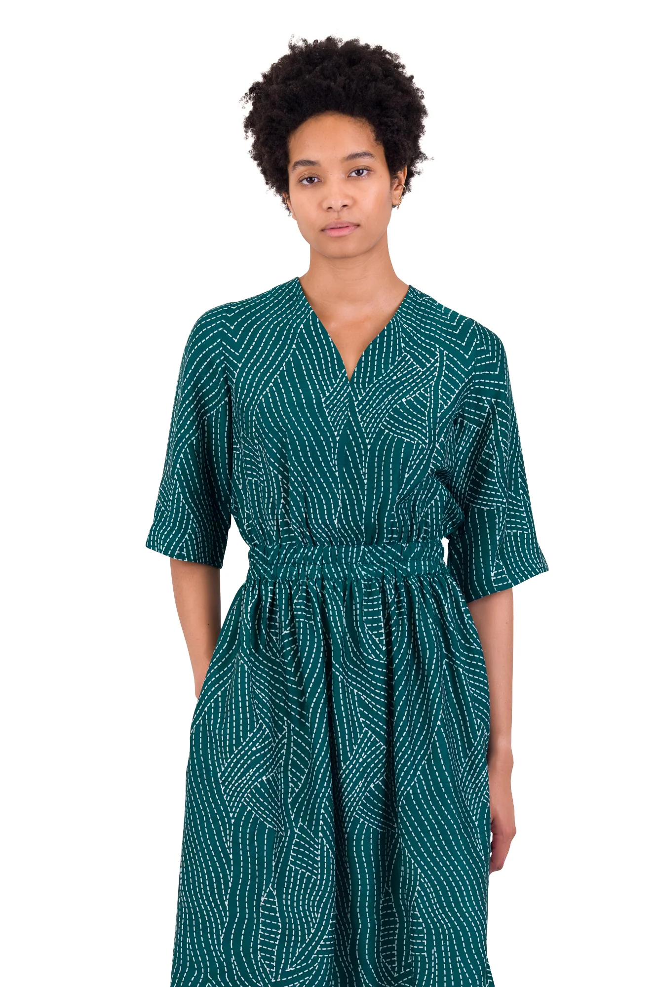 Gathered Dress - Vintage Green Stitch Print - Image 6