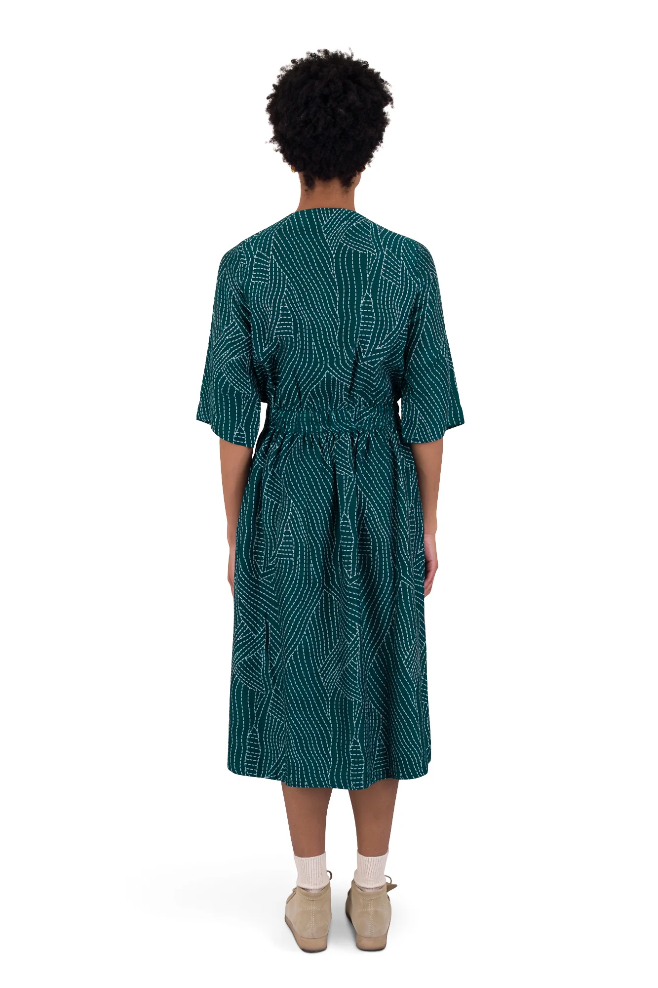 Gathered Dress - Vintage Green Stitch Print - Image 8